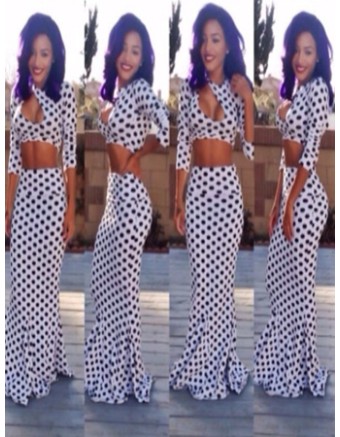 Black Dot Pattern Evening Maxi Bandage Bodycon Two Piece Sets Long Dress M3807