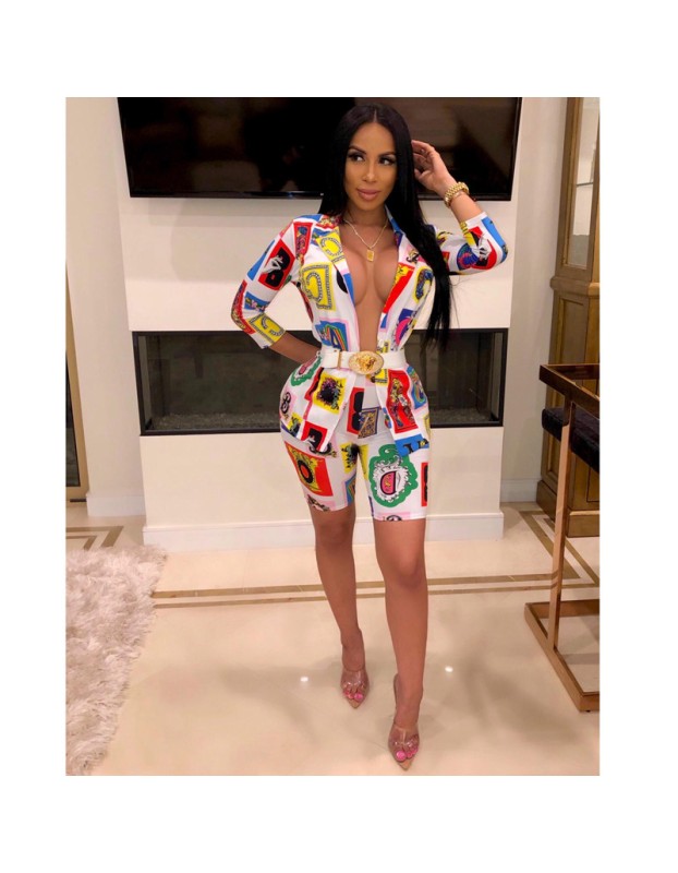 Sexy Casual 2 Two Piece Set Printing Coat + Hot Pants m8426