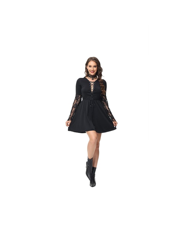 Halloween Party Cosplay Stage Black Cutout Lace Witch Dress Costume SL3399