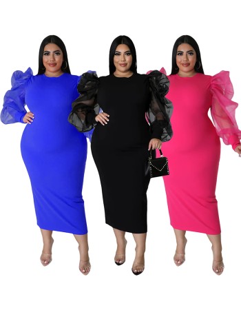 Sexy Women Solid Color Yarn Sleeve Plus Size Dress 9416