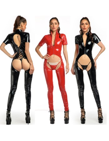 Short Sleeve Open Crotch Leather Jumpsuit Bodycon Bodysuits For Women Sexy XX68102