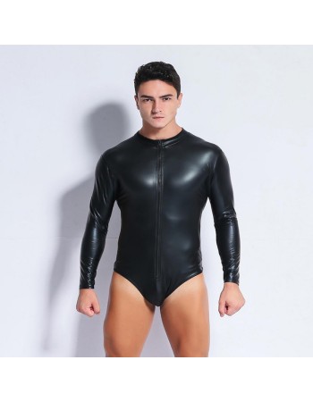 Erotic Underwear Panties Men Sexy Black Patent Leather Zipper Jumpsuit XX6668