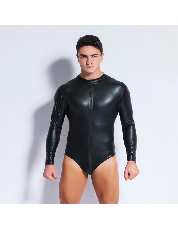 Erotic Underwear Panties Men Sexy Black Patent Leather Zipper Jumpsuit XX6668