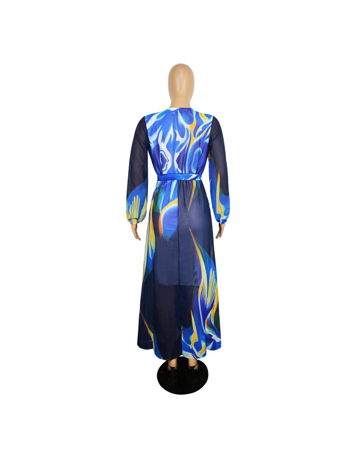 New Summer Printed Chiffon V-neck Maxi Dress M8380