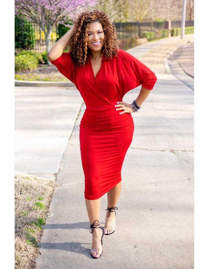 Elegant V Neck Batwing Sleeve Knee Length Bodycon Dress m8385