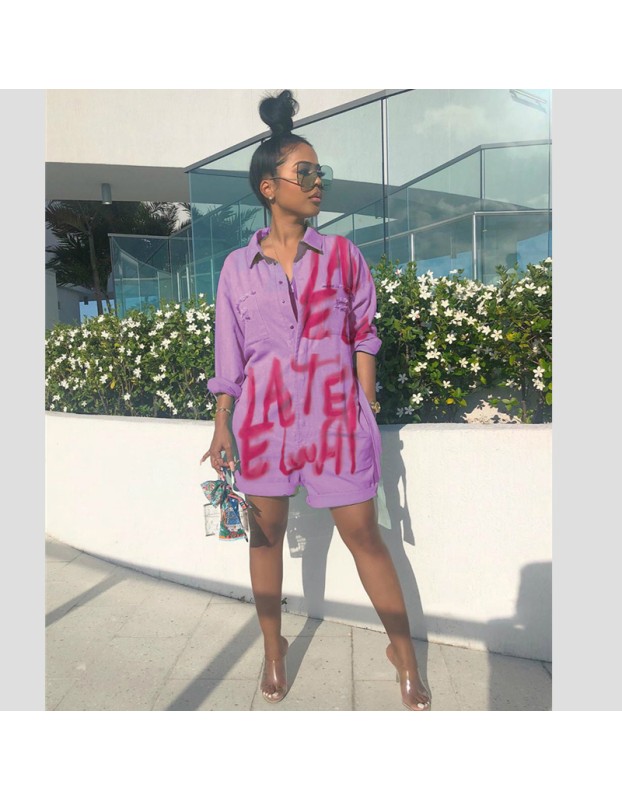Pink Letter Printed Loose Casual Short Denim Jumpsuit M8461