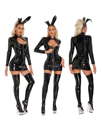 Zipper Bodysuit High Elastic Leather Jumpsuit PU Bright Light Nightclub Tights XX6902