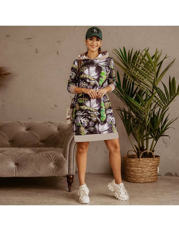 Sweatshirt Hooded Contrast Color Print Loose Long Sleeve Casual Dresses LQ153