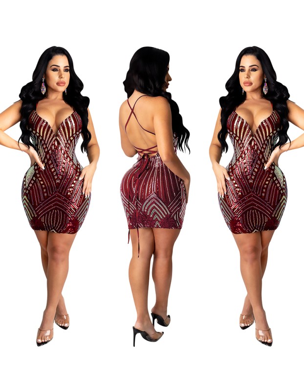 Bead Piece Halter V-neck Clothes Sexy Club Ladies Dress X5000
