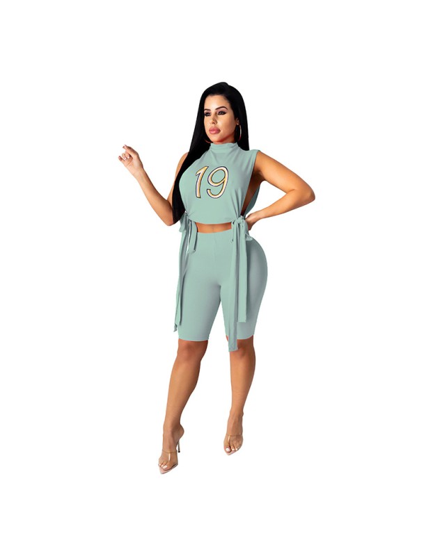 Women Sleeveless Digital Printing Clothing Summer Sets Two Piece 8614