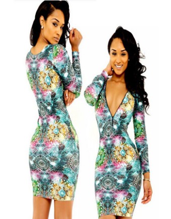 Shine Sexy Long Sleeve Deep V Bodycon Dress M2323