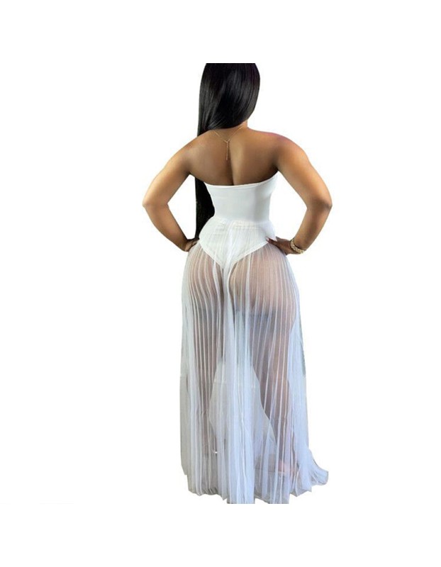 see-through with wrapped chest multicolor strapless summer net dress M30167