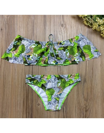 Green Leaf Printed Sexy Off Shoulder Two-pieces Swimsuit M11846