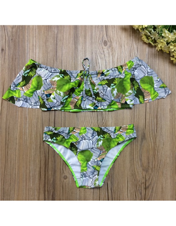 Green Leaf Printed Sexy Off Shoulder Two-pieces Swimsuit M11846