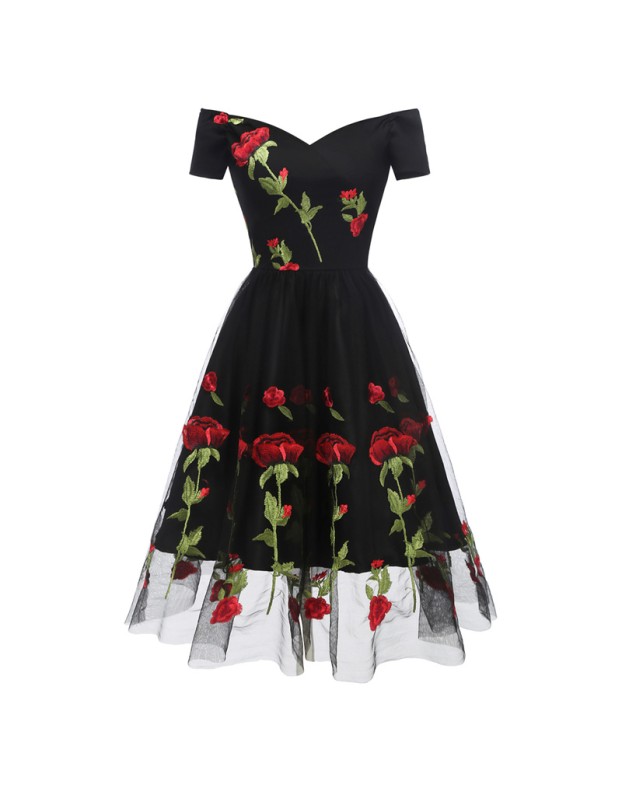 Vintage Black Dress with Red Roses M30411