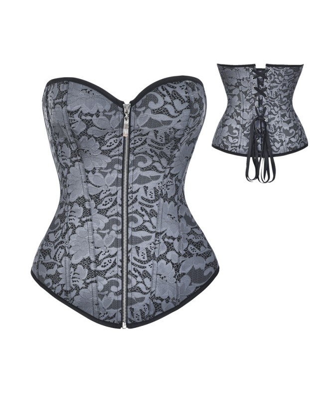 Women Sexy Jacquard Floral Overbust Corset With Zipper Bustier Top M1441