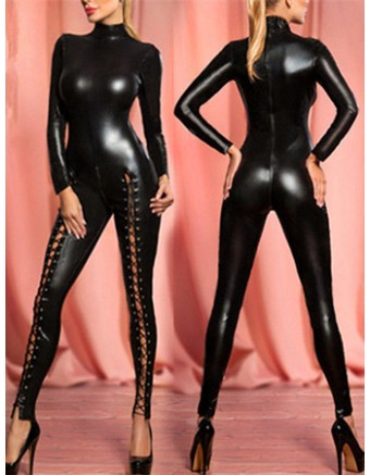 Sexy Lace-up Catwoman Leather Dance Jumpsuit