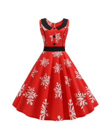 Vintage Doll Collar Polka Dot Fashion Print Midi Dress Ladies JY13904