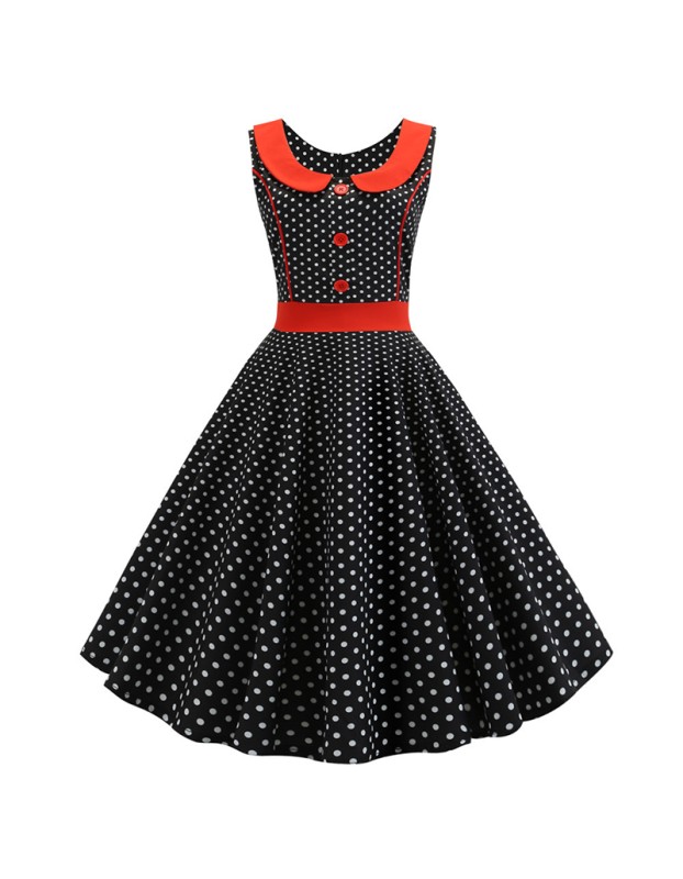 Vintage Doll Collar Polka Dot Fashion Print Midi Dress Ladies JY13904