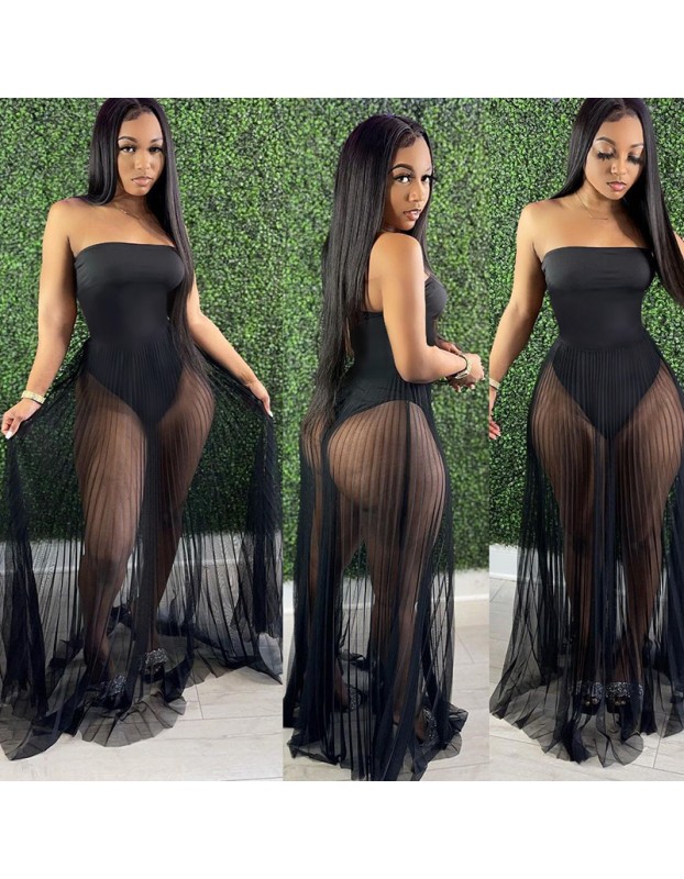 see-through with wrapped chest multicolor strapless summer net dress M30167