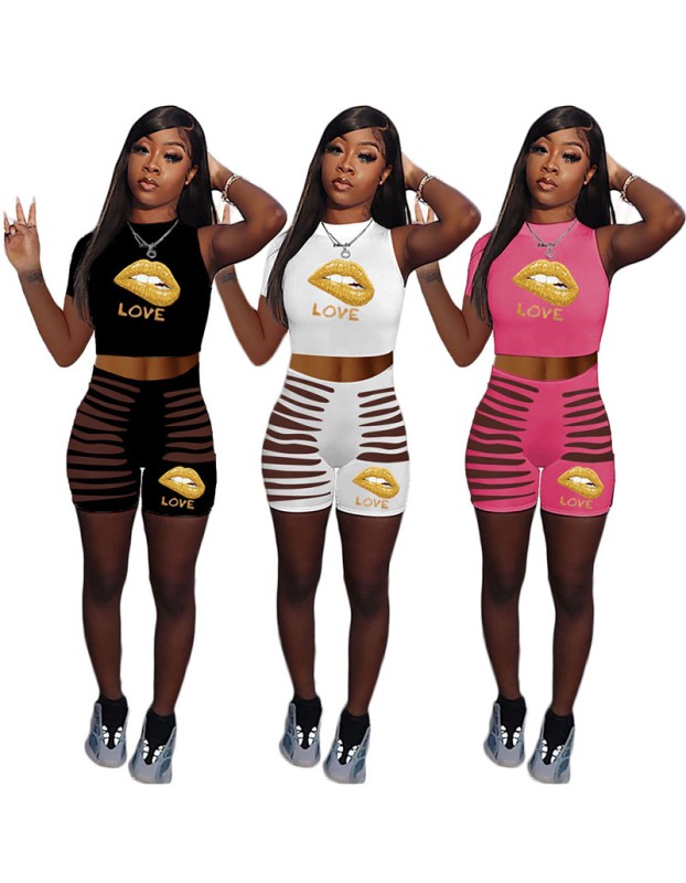 Cut Out Pants Women One Sleeve Crop Top Sexy Two Piece Set M062