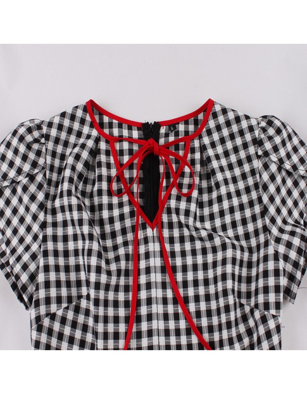 Women Retro Dress Black And White Check Belt Slimming Casual Dress 5039