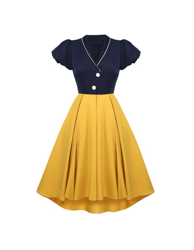 Contrast Color Christmas Formal Dovetail V-neck Puff Sleeves Dress CD1789