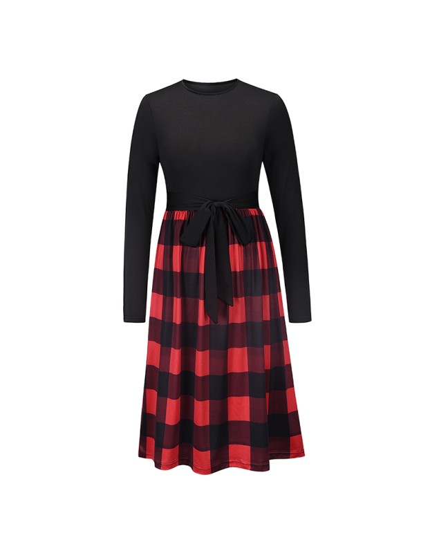 Leopard Print Plaid Long Stitching Body Lace Up Ladies Evening Jersey Dress LQ169