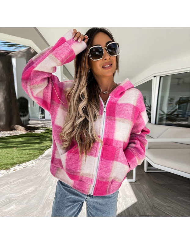 Checked Woolen Cloth Flannel Shirt Zipper Hooded Cardigan Women Coats LQ168