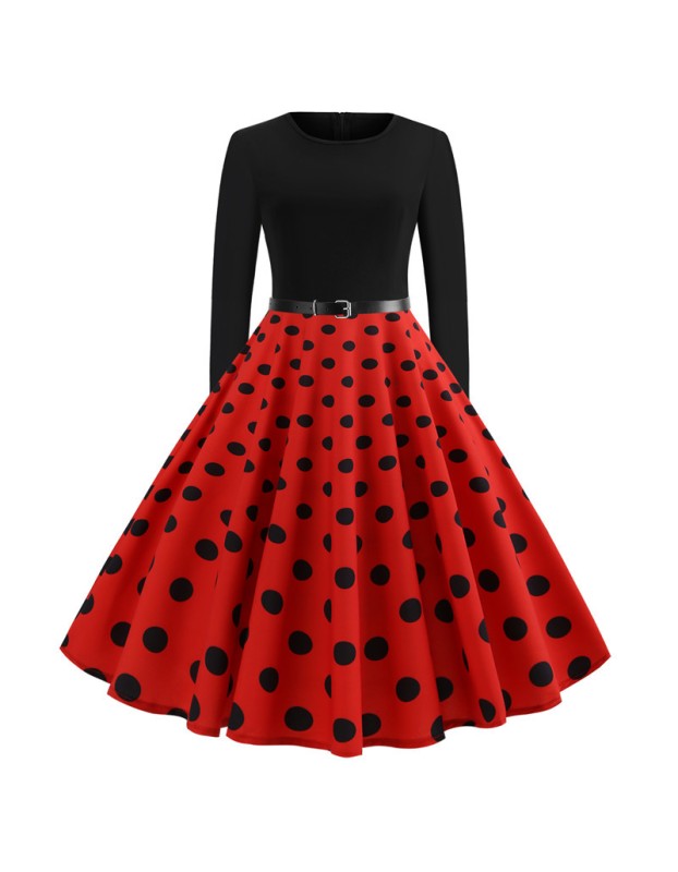 Long Sleeve Polka Dot Classic Party Casual Women Dress JY13106
