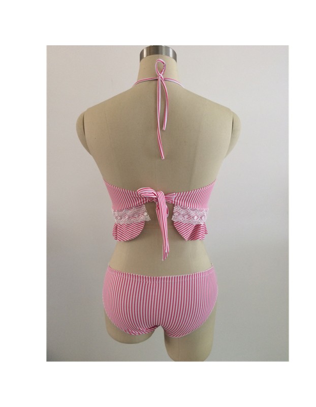 Sexy Pink Striped Lace Two Piece Swimwear Set m11856