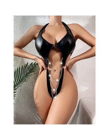 Sexy Women's Black Patent Leather Bracelet Game Outfit Jumpsuit YSF742