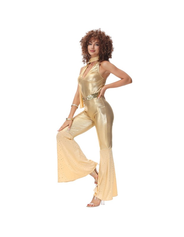 Women Gold Retro Hippie Costume Disco Dance Club Cosplay Costume MS5038