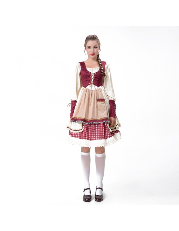 Halloween Maid  Adult Red Plaid Dress Cosplay Red Cape Play Costume YM8735