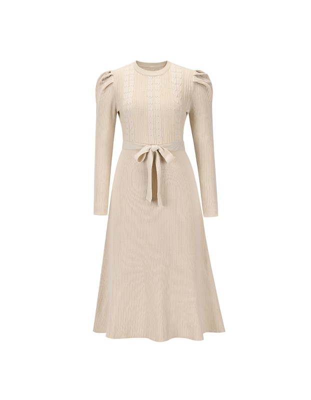 Mid-Length Wool Knit Puff Sleeve Casual High Waisted Loose Fall Dresses LQ163