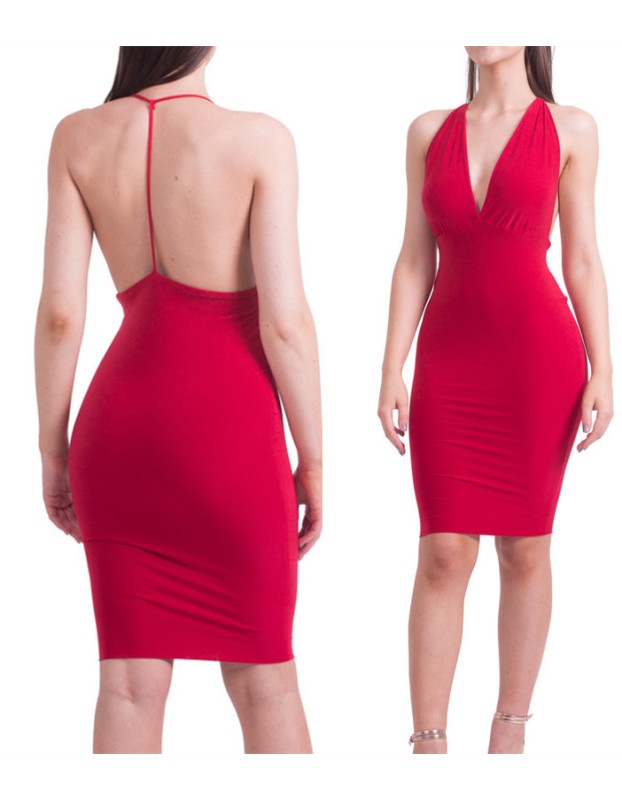 Red Open Back Bodycon Midi Dress M2341