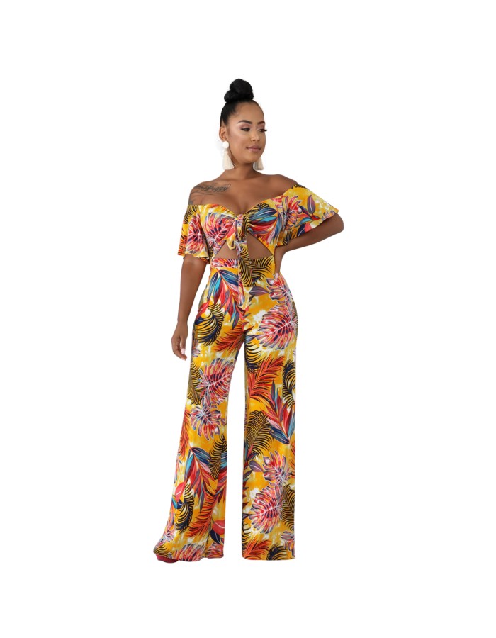 Women Summer Casual Boho Bandage Crop Top Floral Print Playsuit Romper M8417