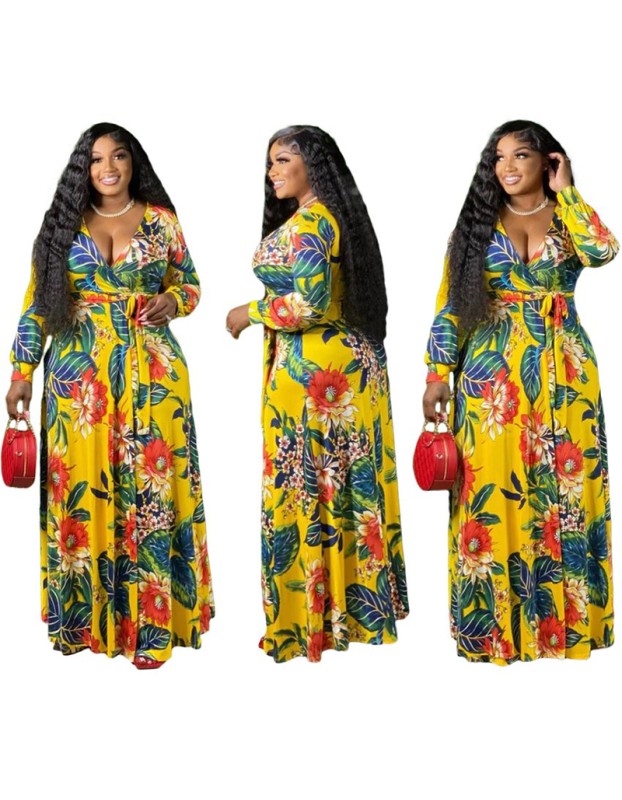 Women V-Neck Vintage Sexy Floral Halter Plus Size Casual Dress 86117