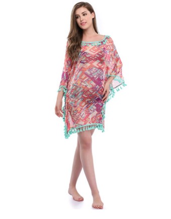 Fancy Woman Tassel Printed Sexy Dress Summer Beach Cover-Ups