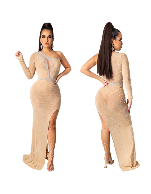 Rhinestone Mesh Women Evening Elegant Single Cuff Sexy Night Dresses X5028
