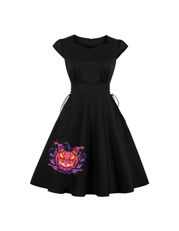 2023 Hepburn Style Embroidery Halloween Big Swing Crew-neck Vintage Dress 1986