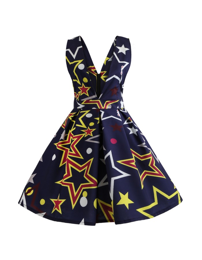 V Neck Print Backless Sexy Short Dress M30341
