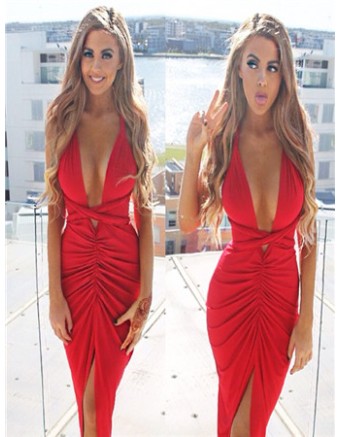 Red Front Keyhole Crossover Neck Bodycon Dress M30033e