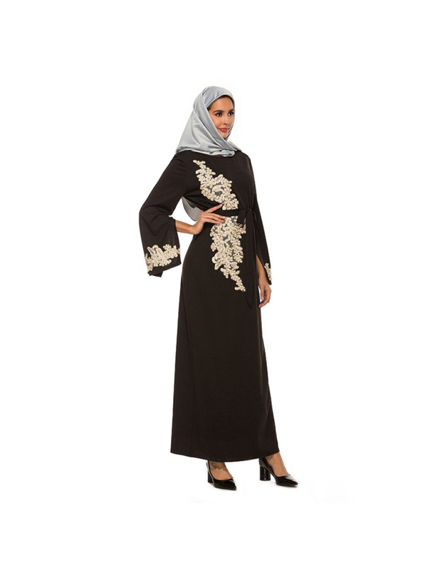 New Style Elegant Embroidered Beaded Trumpet Sleeve Lace Up Dress 1921