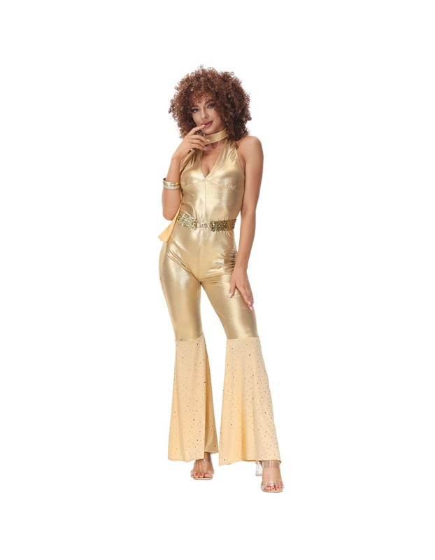 Women Gold Retro Hippie Costume Disco Dance Club Cosplay Costume MS5038