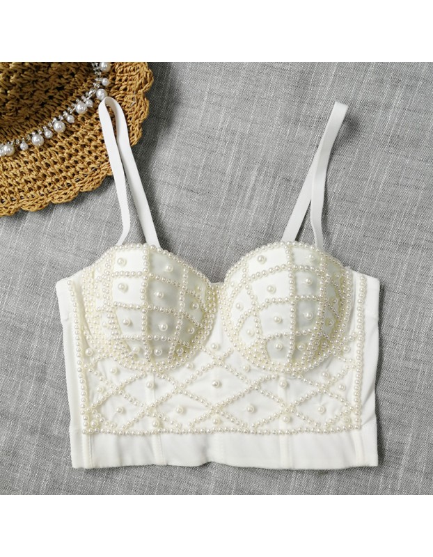 Short Pearl Suspender Vest Sexy Strapless Top 8992