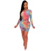 Women O Neck Long Sleeve Bandage Bodycon Mesh Dress M8359