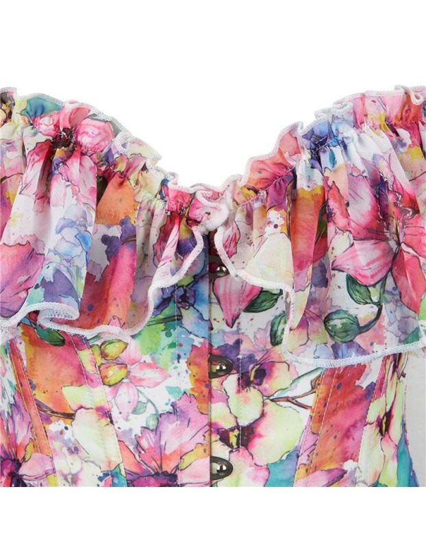 Floral Print Sexy Corset Shirt ff Shoulder Ruffles Sleeves Overbust Corset Top WK1903a