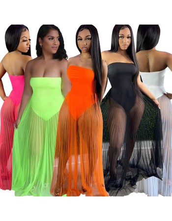see-through with wrapped chest multicolor strapless summer net dress M30167