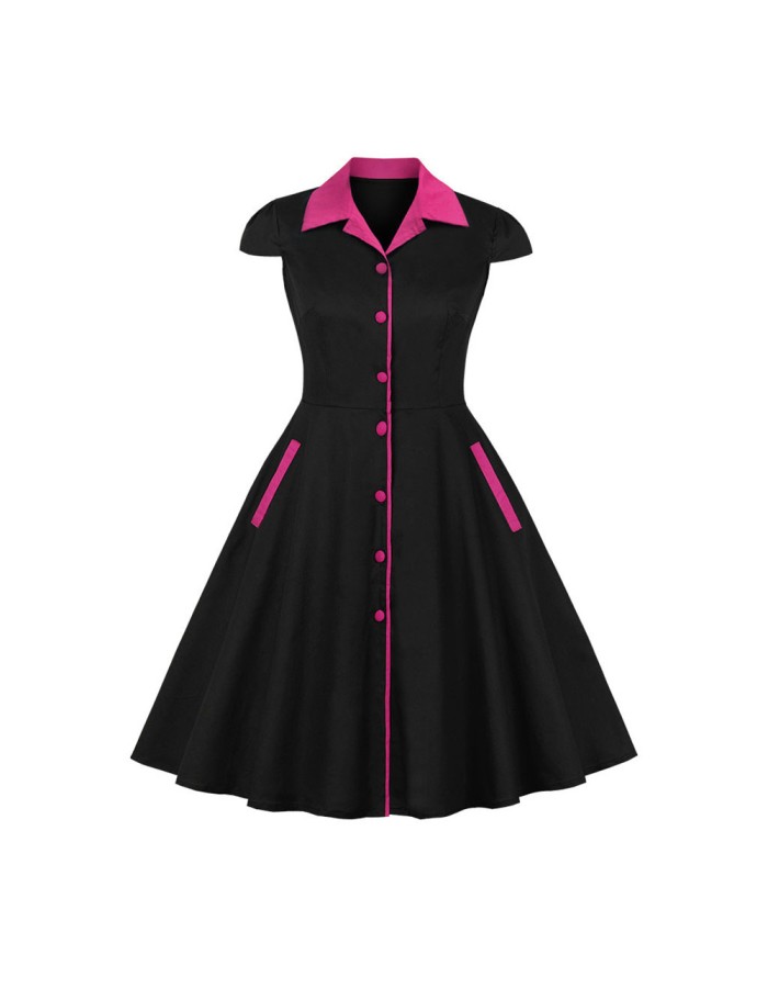 5XL Big Size Elegant Ladies Single-Breasted Vintage Pinup Swing Dress 1729A